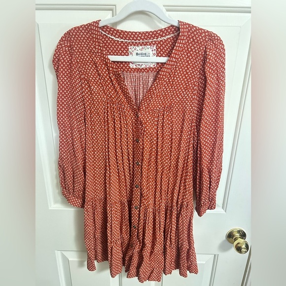 Anthropologie Holding Horses Tunic Orange White Printed Button Down Rayon XS - Picture 1 of 6